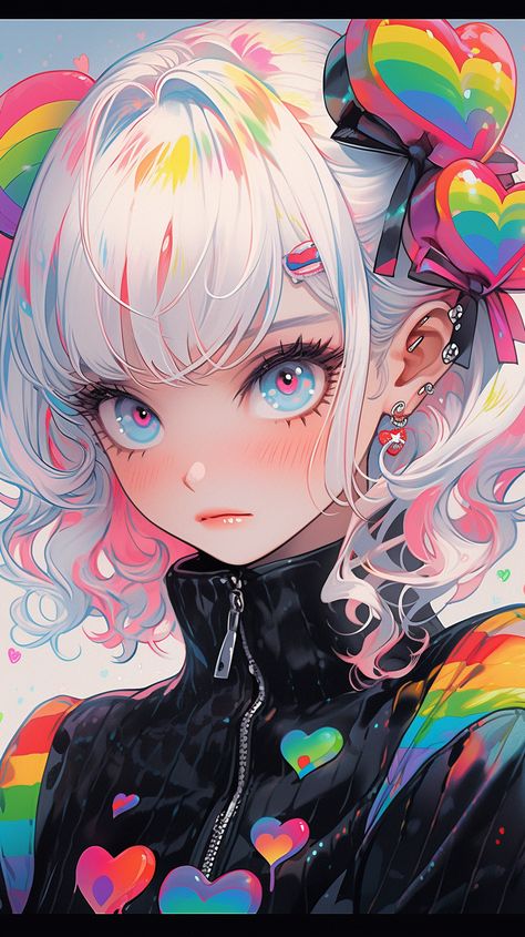 Rainbow Character Design, Girl With White Hair, Japanese Pop Art, Vaporwave Art, Chibi Anime Kawaii, Character Design Animation, Rainbow Art, Illustration Sketches, Beautiful Drawings