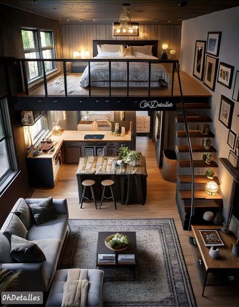 Bloxburg Loft Ideas, Stair Styles, Small Loft House Design, Dream Cottage Interior, Loft Type House, Homeless Project, Loft Houses, Tiny Loft, Loft House Design