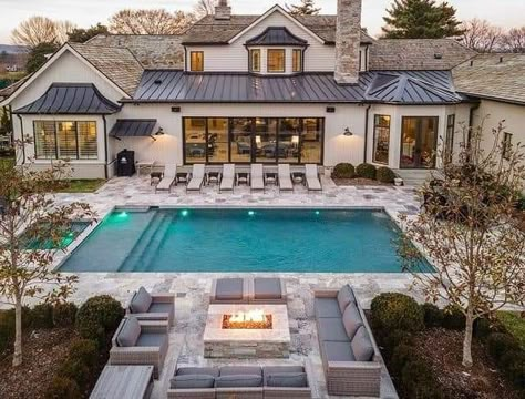 Pool And Fire Pit, House With A Pool, Pool Patio Designs, Luxury Pools Backyard, Backyard Deck Ideas, Party Ideas Summer, Creative Backyard, Dream Backyard Pool, Rock Waterfall