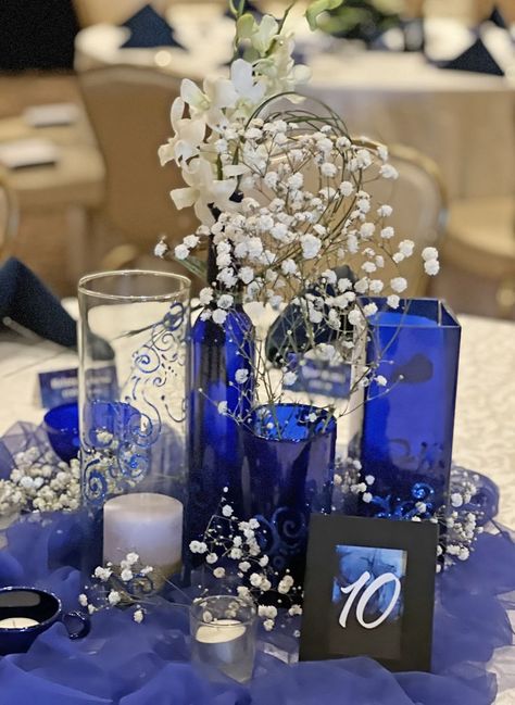 Blue And Gold Wedding Centerpieces Diy, Navy And Silver Centerpieces, Navy Winter Wedding Centerpieces, Blue Party Centerpieces, Sapphire Centerpieces, Sapphire Anniversary Party, Blue Bottle Centerpieces, Sapphire Theme Party, Blue And Silver Centerpieces Wedding