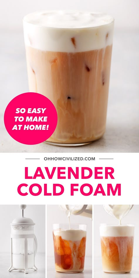 Lavender Coffee Creamer, Lavender Cold Foam, Flavored Cold Foam, Lavender Flavoring, Coco Recipes, Lavender Latte Recipe, Kitchen Restock, Summer Tea Recipes, Cold Foam Recipe