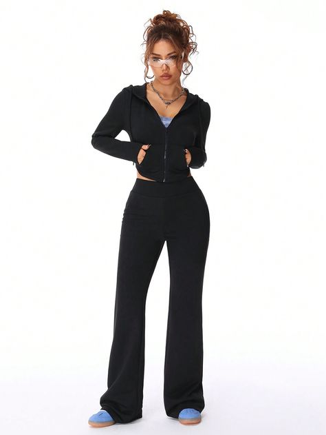 Women's  Fall/Winter Daily Wear  Zip Up  Bodysuit Long Sleeve Hoodies And  Flare Pants Suit , Going Out Sets Two Piece Black Casual    Plain  Slight Stretch  Women Clothing, size features are:Bust: ,Length: ,Sleeve Length: Track Suit Outfit, Zip Up Bodysuit, Track Suits Women, Hoodie Set, Pants Suit, Suit Pants, Knit Set, Black Casual, Womens Fall