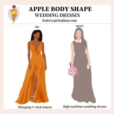 The Wedding Dress Style Guide for Apple Body Shape - Fashion for Your Body Type Apple Body Shape Wedding Dress, Apple Shape Dress, Wedding Dress Styles Guide, Apple Body Shape Clothes, Hourglass Body Shape Fashion, Right Wedding Dress, Apple Body Shape Fashion, Apple Body Shape Outfits, Apple Body Shape