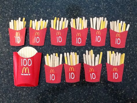 100 Day of School Project My son enjoyed counting these Popsicle stick french fries. We glue them in groups of ten and all ten small fries fit into the large fries box. We added the numbers to each container. Thank you McDonalds for the large fries box. 100 Days Of School Poster, School Poster Ideas, 100 Days Of School Project Kindergartens, 100 Day Project Ideas, School Project Ideas, 100 Días De Clases, 100th Day Of School Crafts, 100s Day, 100 Day Of School