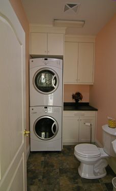 Laundry/ bathroom Combo- wonder if we have room to stack washer & dryer | Save Water & Money with Every Flush!™ | https://ToiletSaver.com  | A simple, ingenious, inexpensive product that reduces the amount of water (and money) that toilets waste every time they are flushed. | Less than $4 per toilet! | Installs in seconds and does not affect the flush! Small Bathroom With Laundry, Laundry Bathroom Combo, Bathroom With Laundry, Small Half Baths, Small Half Bath, Small Laundry Room Organization, Basement Laundry Room, Basement Laundry, Bathroom Laundry Room