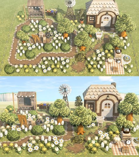 Acnh Garden Cottagecore, Acnh Garden Island, Acnh Small Garden Ideas, Acnh Hhp Outdoor Ideas, Able Sisters Animal Crossing Ideas Cottagecore, Animal Crossing Island Inspiration Garden, Acne Garden Ideas, Acnh Hhp Garden, Acnh Garden Codes