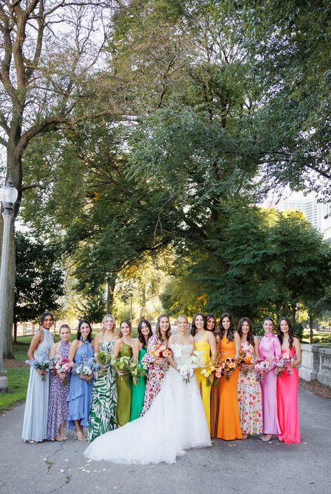 Bridemaids Dresses Rainbow, Eccentric Bridesmaid Dresses, Bridesmaids Different Dresses Mix Match, Fun Bridesmaid Dresses Color Schemes, Multicolor Wedding Palette, 6 Bridesmaids Different Dresses, Non Matching Bridal Party, Bold Color Bridesmaid Dresses, Multi Colored Wedding Party