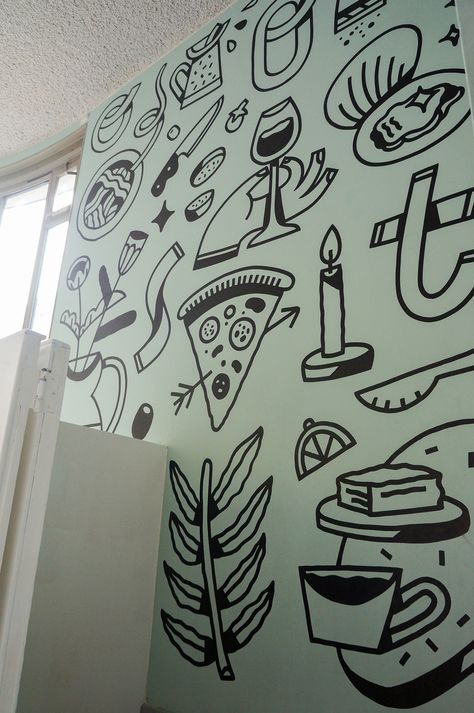 Pizza Mural Art, Pizza Wall Art, Pizza Mural, Food Mural, Pizza Illustration, Tech Room, Cafe Wall Art, Pie In The Sky, Food Tech