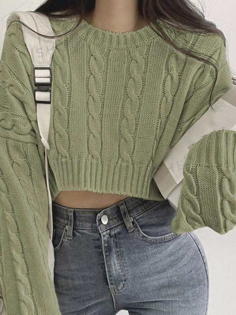 Green Casual Collar Three Quarter Length Sleeve Knitwear Plain Pullovers Embellished Medium Stretch  Women Clothing Green Crop Sweater Outfit, Cute Outfits Green, Green Casual Outfit, Casual Outfit College, Sage Green Sweater, Crop Pullover, Pullover Outfit, Jeans Outfits, Easy Winter Outfit