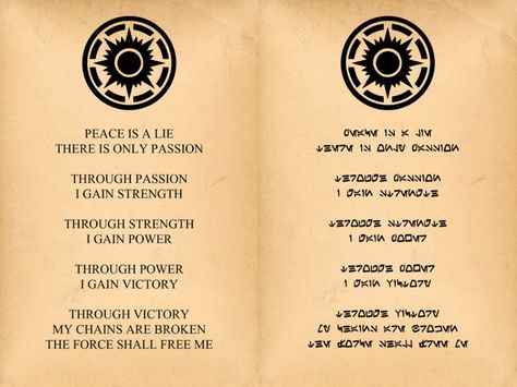 Sith Code in English and in the "Aurebesh" Alphabet Sith Tattoo, Jedi Code, Grey Jedi, Mandalorian Armor, Star Wars Sith, Star Wars The Old, Star Wars Quotes, The Sith, Star Wars Facts