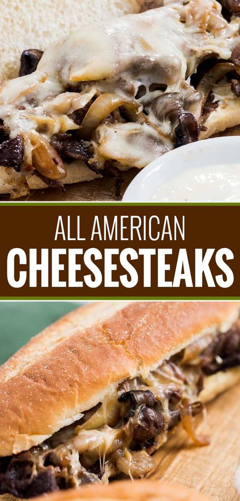 All-American Cheesesteak with Horseradish Sauce - The Chunky Chef Hoagie Sandwich, Steak And Cheese Sub, Caramelized Onions And Mushrooms, Seared Salmon Recipes, Steak Sandwiches, Cheesesteak Recipe, Chimichurri Recipe, Pan Fried Salmon, Cheese Steak Sandwich