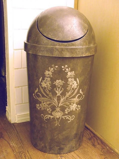 Wow!  I would leave my trash can in the living room!  How amazingly cool is this!  Make A Plastic Garbage Can Look High End - by VIctoria Larsen Stencils Plaster Stencil, Plastic Trash Can, Metallic Gold Paint, Plastic Trash, Stencil Furniture, Faux Painting, Wall Stencil, Stenciling, Trash Bins