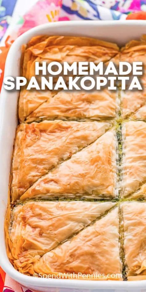 Spanakopita is a traditional Greek spinach pie. Made with phyllo dough and homemade spinach and feta filling it is an easy appetizer or side dish, especially when sliced into triangles. #spendwithpennies #spanakopita #Greek #spinachpie #pastry #sidedish #appetizer #triangles Spanakopita Recipe, Greek Spinach, Phyllo Recipes, Greek Spinach Pie, Greek Recipes Authentic, Greek Dinners, Spinach Pie, Spend With Pennies, Greek Cooking