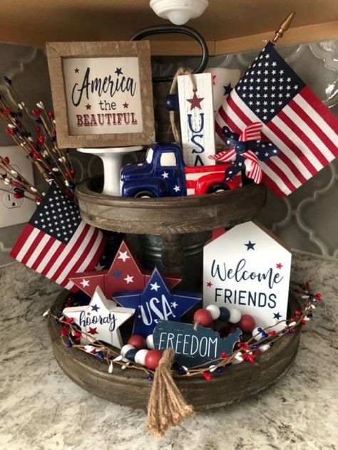 Themed Tiered Tray Decor, 4th Of July 3 Tier Tray Decor, 4th Of July Tray Decor, Fourth Of July Tiered Tray Decor, Tier Trays Decor, Holiday Tiered Tray Decor, 4th Of July Tiered Tray Decor Diy, Diy 4th Of July Decor, 3 Tier Tray Decor Ideas