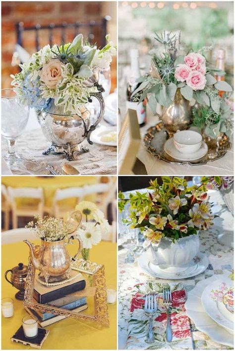 Tea Party Floral Centerpieces, High Tea Centre Pieces Table Settings, Tea Time Centerpieces, Floral Arrangements In Teapots, Bridal Shower Tea Party Centerpieces, Tea Pot Floral Arrangements, Teapot Centerpiece Ideas, Ladies Tea Centerpieces, Flower Arrangements In Teapots