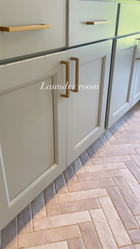 Laundry Room Herringbone Floor, Unusual Gray Cabinets, Capella Ivory Brick Floor, Laundry Room Herringbone Tile Floor, Msi Capella Ivory Brick, Brick Laundry Room Floor, Laundry Room Brick Floor, Taupe Laundry Room, Brick Floor Laundry Room