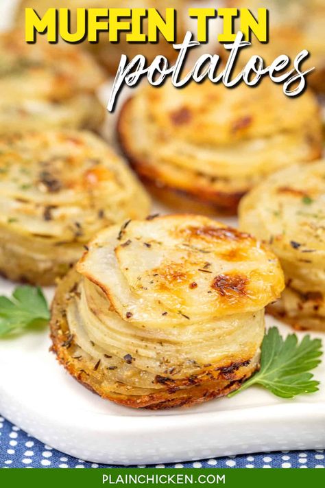 Potato Side Dishes Make Ahead, Dinner Recipes Make Ahead, Make Ahead Potato Side Dishes, Scalloped Potatoes In Muffin Tin, Sliced Potatoes In Muffin Tin, Make Ahead Potato Recipes, Make Ahead Potatoes, Potato Stacks Muffin Tins, Muffin Tin Potatoes