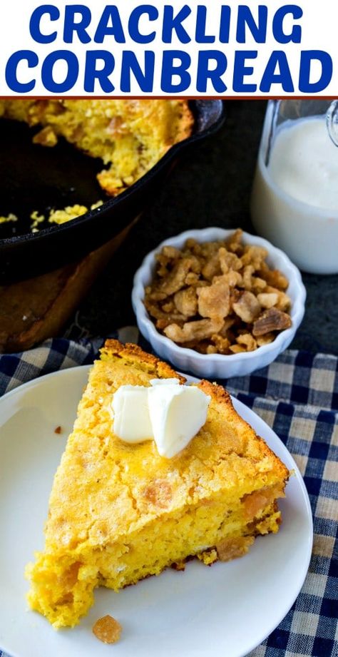 Crackling Cornbread with crushed pork cracklings #southern #cornbread #pork Crackling Cornbread Recipes, Crackling Bread Recipe, Crackling Bread, Bbq Apps, Crackling Cornbread, Cornbread Dishes, Cornbread Recipes, Thanksgiving Dinners, Cat App