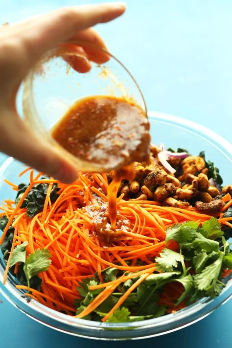 EASY Thai Carrot Salad with Curried Cashews! Spicy, sweet, crunchy and SO flavorful! #vegan #glutenfree #thai #salad #recipe #dinner Carrot Salad Dressing Recipe, Carrot Salad Dressing, Cashew Recipes, Salad Dressing Recipe, Carrot Salad, Carrot Recipes, Vegan Salad, Dressing Recipe, Salad Ingredients