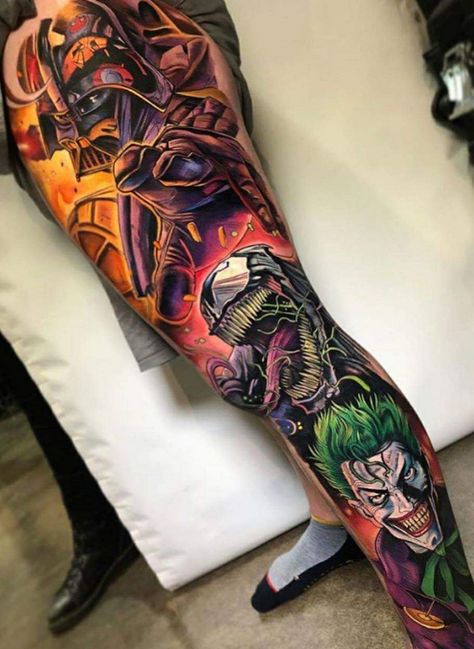 Marvel Tattoo Sleeve, Super Hero Tattoos, Darth Vader Tattoo, Hero Tattoo, Comic Tattoo, Full Arm Tattoos, Marvel Tattoos, Theme Tattoo, Half Sleeve Tattoos For Guys