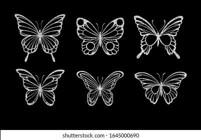 Set Hand Drawn Butterflies On Blackboard Stock Vector (Royalty Free) 272624144 Butterfly Chalkboard Art, Chalkboard Butterfly, Chalk Butterfly, Drawn Butterflies, Work Signs, Glitter Butterflies, Church Nursery, Chalkboard Ideas, Chalkboard Art