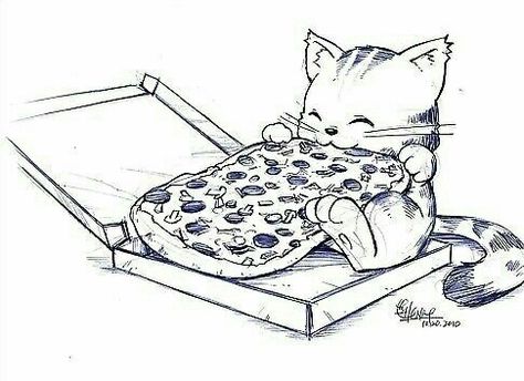 Illustration, cat eating pizza Pizza Drawing, Cute Cat Drawing, Drawing Faces, Cat Eyes, Dessin Adorable, Anime Cat, A Pizza, Drawing Tutorials, Fantasy Illustration