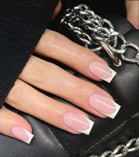 Natural nails V French Tip Nails Square Short, Medium French Tip Nails Square, French Tip With Jewels Nails, Square Shape French Tip Nails, Square Deep French Nails, Trendy French Manicure Square, Short Square White French Tip Nails, Small Square French Tip Nails, Mid Length French Tip Nails