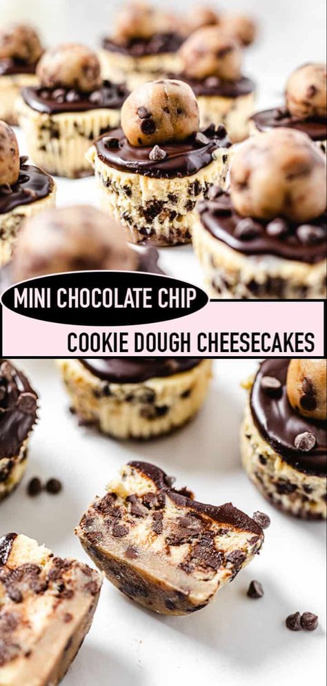 Cookie Dough Cheesecake Cupcakes, Cookie Dough Mini Cheesecake, Edible Cheesecake Filling, Mini Cookie Dough Cheesecake, Cookie Dough Desserts Recipes, Unique Cheesecakes, Mini Cookie Cakes, Edible Cookie Dough Balls, Mini Chocolate Desserts