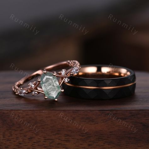 Here we have a Vintage Green Moss Agate Couples Ring Rose Gold Matching Ring Set His and Hers Wedding Band Promise Ring For Men For Women Natural Agate Gem ITEM DESCRIPTION ✦ Handmade, high-quality item! ✦ Material: Sterling Silver/Tungsten ►Sold as a two-piece set ►His ring is Rose Gold and Black Tungsten Carbide. ►His band width: 6mm ►His tungsten ring will not turn green itself and will not cause your skin to turn green.  ✦ Durable - Incredibly Scratch-Resistant to always look great. ✦ Comfor Promise Ring For Men, Green Wedding Rings, Matching Ring Set, Taylor Wedding, Agate Wedding, Couples Ring, Green Moss Agate, Matching Ring, Wolfram