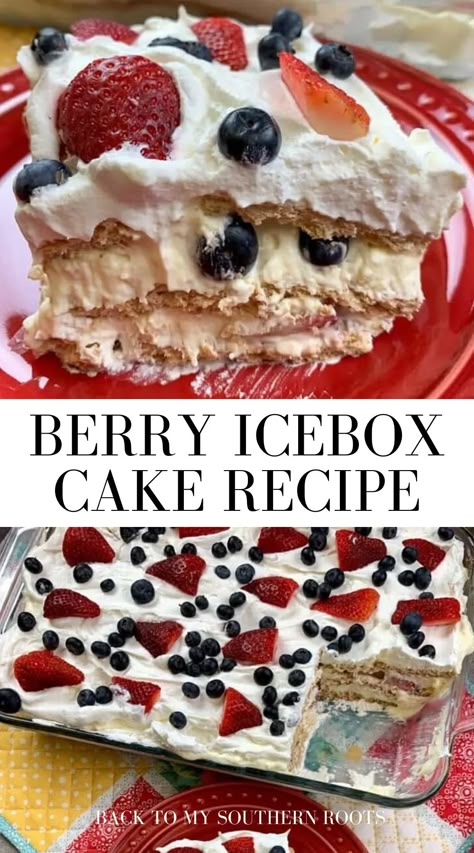 Berry Icebox Cake with Graham crackers, is the perfect summer dessert. The icebox cake is easy to make and is a refreshing recipe any time of year, but especially for summer gatherings, barbecues, and family events. The easy cake recipe features patriotic colors. You can easily make it look like an American Flag for Memorial Day or the 4th of July. Berry Icebox Cake, Blueberry And Strawberry, Strawberry Icebox Cake, Icebox Cake Recipes, Patriotic Desserts, Berry Dessert, 4th Of July Desserts, Refreshing Food, Easy Summer Desserts