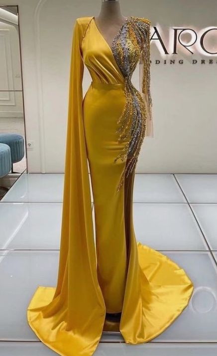 Long Sleeve Prom Dress Mermaid, Glitter Prom Dresses, Gold Evening Dresses, Beaded Evening Gowns, Prom Dresses Yellow, Gown Plus Size, Evening Dresses With Sleeves, Long Sleeve Prom, Long Sleeve Evening Dresses