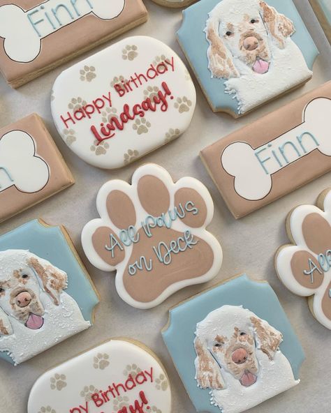 Dog Birthday Cookies, Portrait Cookies, Paw Print Cookies, Birthday Cookies Decorated, Dog Cookies, Fancy Cookies, Cookies Decorated, Cookie Art, Birthday Cookies