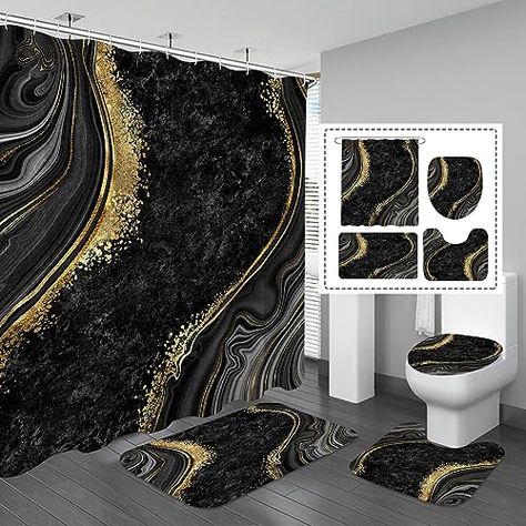 Navy Blue Bathroom Decor, Purple Bathroom Decor, Marble Shower Curtain, Navy Blue Bathrooms, Gold Bad, Gold Bathroom Decor, Black And Gold Bathroom, Blue Bathroom Decor, Bathroom Shower Curtain Sets