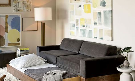 The line is centered around the 3-in-1 Emery Sofa, which transitions easily into a daybed as well as a trundle bed with room for an extra guest to sleep. Sofa With Trundle Bed, Ikea Patio Furniture, Double Duty Furniture, West Elm Sofa, Divan Cama, Rv Living Room, West Elm Furniture, West Elm Bedding, Spring Furniture