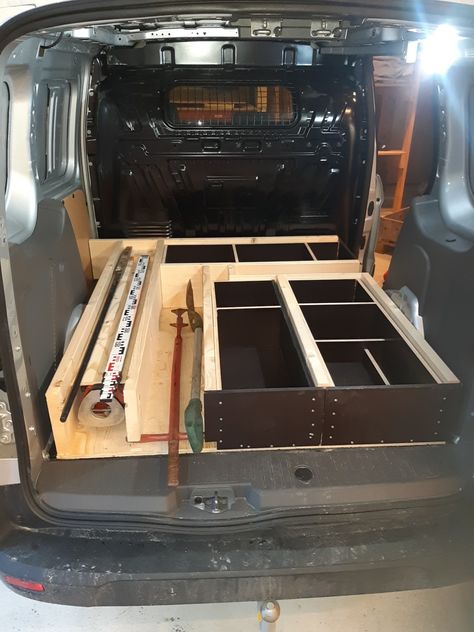 Ford Transit Connect Shelving, Transit Connect Shelving, Van Drawers, Work Truck Organization, Van Organization, Truck Organization, Van Shelving, Van Racking, Van Storage