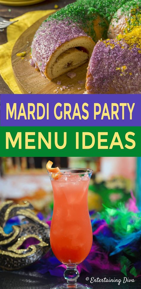 These Mardi Gras food and drink ideas are awesome! Most of these recipes can be made ahead of time so they are perfect for your Mardi Gras party.  #entertainingdiva #mardigras #mardigrasparty #recipes #menus #partyideas Mardi Gras Drinks For A Crowd, Mardi Gras 50th Birthday Party Ideas, Mardi Gras Party Food, List Of Appetizers, Fat Tuesday Party, Mardi Gras Party Decorations, Mardi Gras Centerpieces, Mardi Gras Crafts, Mardi Gras King Cake