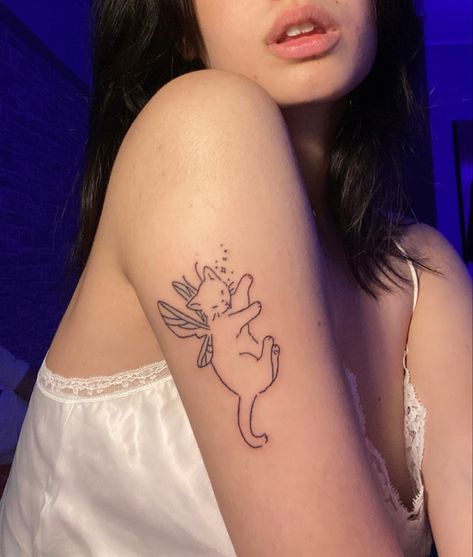 Fairy Cat Tattoo Drawing, Animals With Fairy Wings Tattoo, Cat Tattoo Angel Wings, Dog With Fairy Wings Tattoo, Cat Angel Wings Tattoo, Fairy Cats Tattoo, Cat With Butterfly Wings Tattoo, Angel Kitten Tattoo, Angel Kitty Tattoo