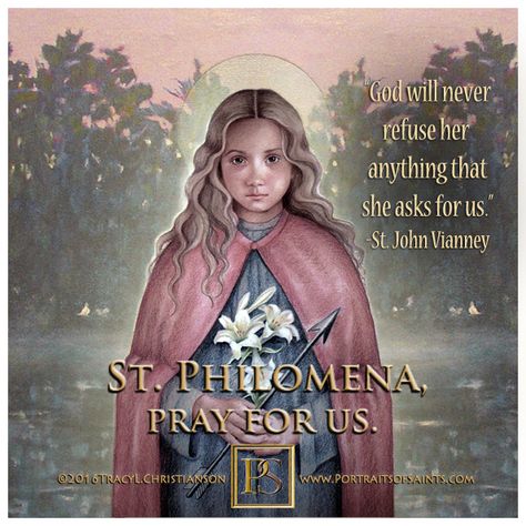 St. Philomena is the patron saint of infants, babies, and youth. She is often depicted in her youth with a flower crown, a palm of martyrdom, arrows, or an anchor. Happy Feast Day, St Philomena, Saint Philomena, Catholic Doctrine, St John Vianney, Catholic Women, The Catacombs, Special Prayers, Saint Quotes