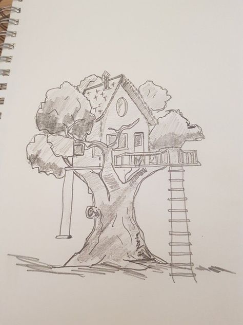 Treehouse Drawing Easy, Treehouse Drawing Simple, Treehouse Tattoo, Treehouse Drawing, Whimsical Treehouse, Tree House Drawing, Forest Sketch, Blending Colored Pencils, Arte Aesthetic