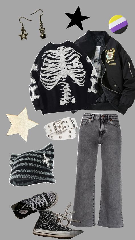 #grunge #skeleton #black #stars #outfit Grunge Skeleton, Stars Outfit, Star Outfit, Shirt Drawing, Queer Fashion, Black Stars, Skeleton Shirt, Grunge Outfits, Skeleton