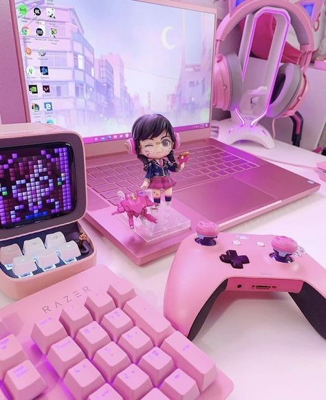 Dva Aesthetic Room, Dva Gaming Setup, Pink Gaming Setup, Pink Playroom, Gaming Rooms, Gaming Desk Setup, Pink Games, Soft Pink Theme, Gaming Setups