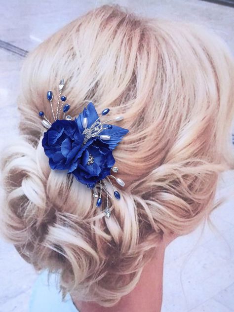 Bridal Hair Pin, Blue Hair Pin, Floral Hair Pin, Wedding Hair Piece, Bridal Headpiece, ND792 Blue Flower Hair Piece, Wedding Dress With Blue Accents, Blue Headpiece, Blue Hair Pins, Blue Wedding Hair, Dark Blue Wedding, Blue Hair Accessories, Bridal Hair Pin, Dark Blue Hair