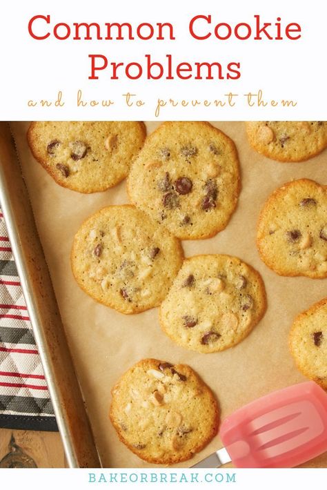 Are your homemade cookies often unevenly baked? How about tough or dry? Maybe they stick to the baking pan? Find out what causes common cookie problems and learn how to prevent them with this cookie tips and tricks guide from Bake or Break. #cookies #bakingtips ~ https://bakeorbreak.com Cookie Problems, Cookie Troubleshooting, Cookie Tips, Baking Blog, Baking Pan, Homemade Cookies, Kitchen Tips, Chocolate Chip Cookie, Easy Cookies