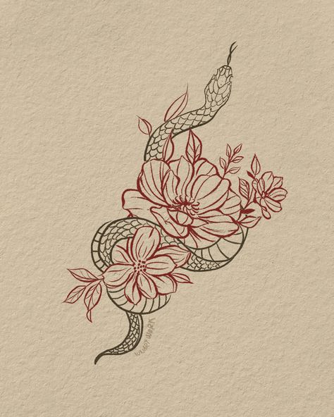 #tattoo #serpent #flowers #design Serpent Flower Tattoo, Diane Serpent Sin Tattoo, Garden Of Eden Snake Tattoo, Snake And Cactus Tattoo, Deadly Flowers Tattoo, Macbeth Tattoo Ideas, Dove And Serpent Tattoo, Serpent And Dove Tattoo, Macbeth Tattoo