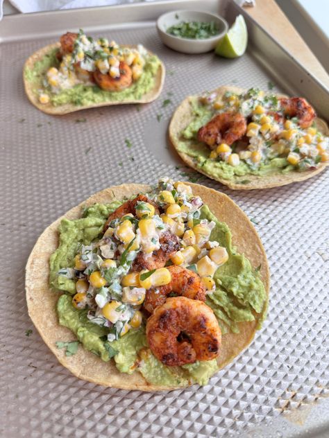 Street Corn Inspired Shrimp Tostadas - onebalancedlife.com Shrimp Tostada, Shrimp Tostadas, Easy Summer Dinner, Air Fryer Recipes Appetizers, Easy Summer Dinners, Sauteed Shrimp, Shrimp Seasoning, Easy Summer Meals, Grilled Chicken Salad