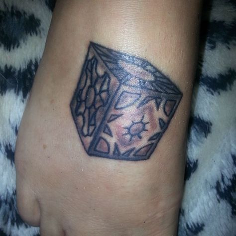 Hellraiser box on my foot Hellraiser Box Tattoo, Hellraiser Tattoo, Box Tattoo, Box Drawing, Little Shop Of Horrors, Tattoo On, Black Tattoos, I Tattoo, Triangle Tattoo