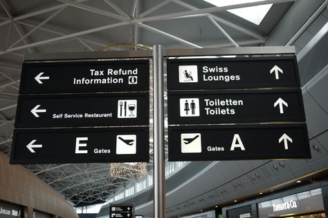 Impressions from Zurich Airport ZRH Airport Signage Design, Airport Signage, Airport Architecture, Red Elements, Zurich Airport, Airport Signs, Wayfinding Signage Design, Worlds Apart, Airport Design