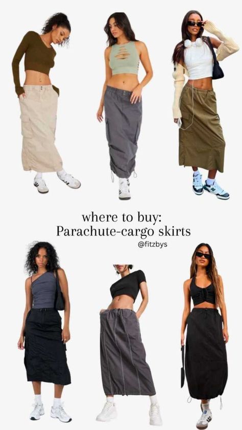 Cargo Long Skirts Outfit, Khaki Parachute Skirt Outfit, Maxi Khaki Skirt, Outfits With Long Cargo Skirt, Long Baggy Skirt Outfit, Parachute Maxi Skirt Outfit, How To Style Cargo Skirt Long, Long Skirt Cargo, Parachute Cargo Skirt Outfit