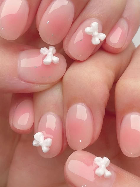 cute Korean nails: nude pink blush with ribbon charms Korean Jelly Nails Designs, Gel Korean Nails, Nail Designs Light Purple, Nail Designs Sage Green, Blue Nails Pastel, Nail Ribbon, Cute Korean Nails, Daisy Nail Designs, Nails Lavender