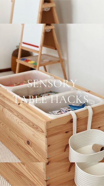 Mabel’s Playroom on Instagram: "The @ikea Flisat play table can be a pain to get hold of, so why not try these sensory play table hacks! If you have a trofast storage unit at home, this is one of our favourite hacks ever, simply flip it on its side and 3 trofast tubs slot in perfectly right beside each other making  this a fantastic height for preschoolers and older children to enjoy sensory play at.  Alternatively the wooden crates called ‘knagglig’ also fit the trofast tubs, they are just £13 and also make a great smaller sensory table for infants and toddlers 👏  Let us know if you give these hacks a go!  #momhacks #ikeahack #ikeahacks #montessori #sensoryplay #flisat #flisattable #flisattableplay #sensoryplay #sensory #sensorybin #sensoryactivity" Ikea Trofast Sensory Play, Ikea Trofast Sensory Table, Ikea Sensory Table Hack, Trofast Sensory Table, Sensory Storage, Flisat Table Hack, Knagglig Hack, Sensory Play Table, Ikea Montessori